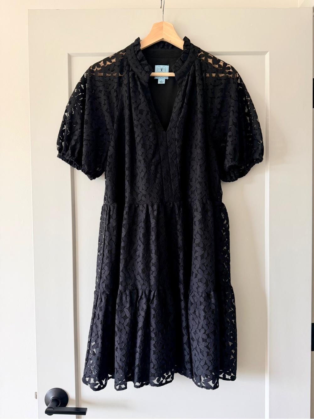 CeCe Black Lace Tiered Babydoll Dress Puff Sleeve Size Large